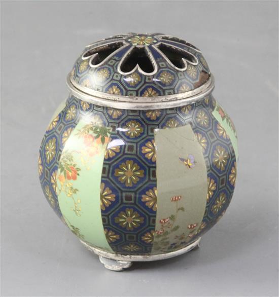 A fine Japanese silver and cloisonné enamel koro and cover by Namikawa Yasuyuki (1845-1927), Meiji period, slight damage, 8.5cm high